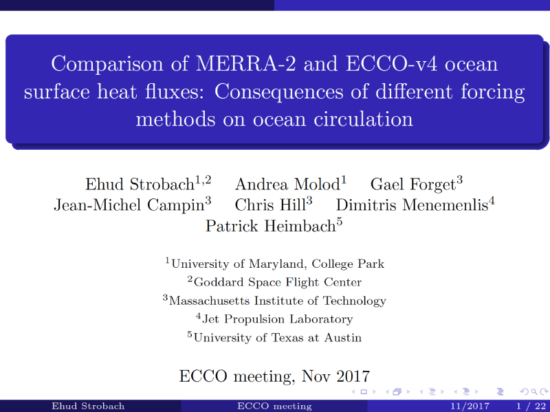 Presentation title page: Comparison of MERRA-2 and ECCO-v4 Ocean
Surface Heat Fluxes: Consequences of Dievent Forcing Methods on Ocean Circulation