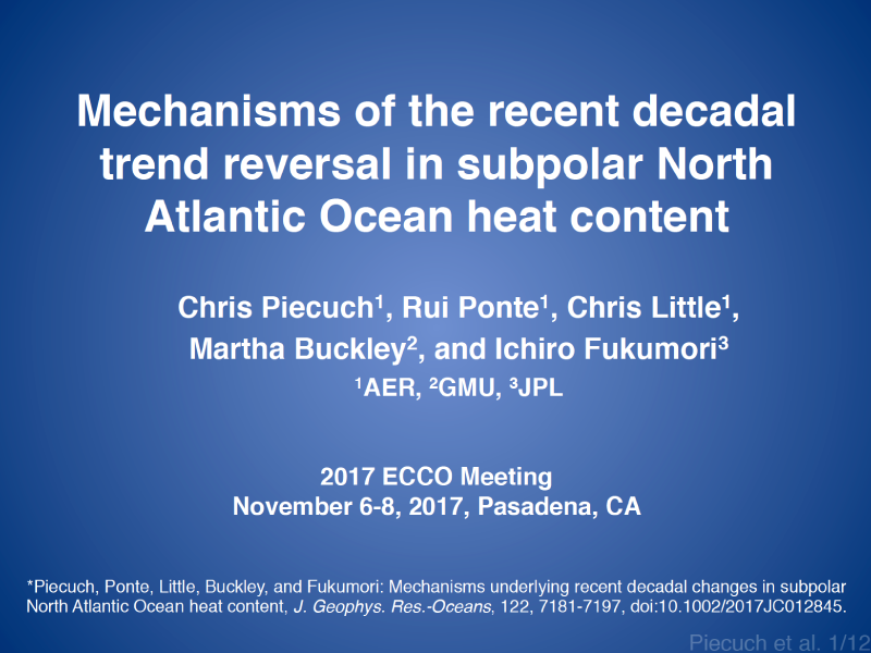 Presentation title page: Mechanisms of the Recent Decadal Trend Reversal in Subpolar North Atlantic Ocean Heat Content