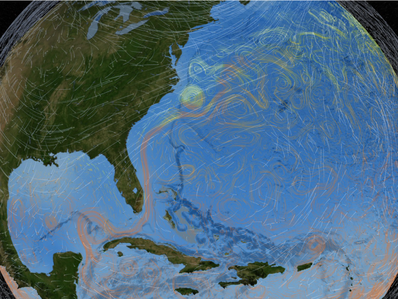 Surface flows colored by sea surface temperature
