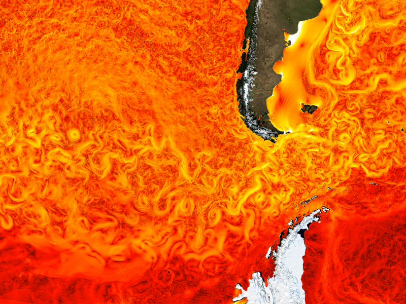 Sea surface speeds simulated in very high resolution