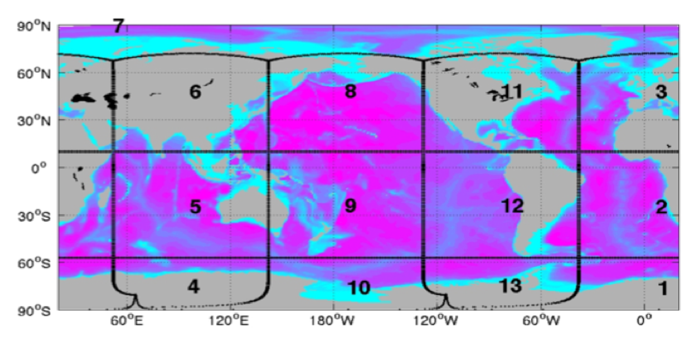Partitioning of the globe into 13 regional tiles